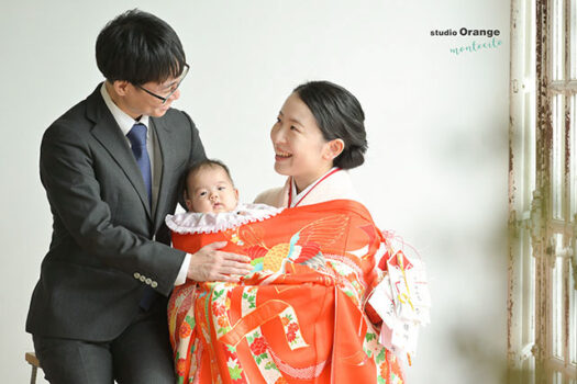 3ヶ月女の子お宮参り撮影で家族写真